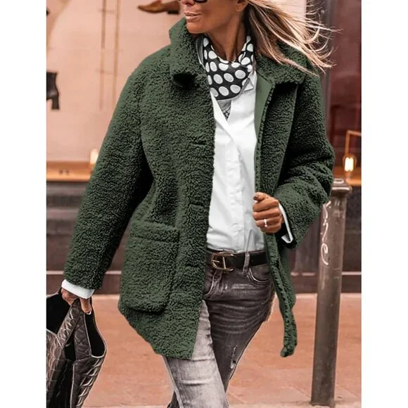 Trendy Women's Sherpa Fleece Jacket with Lapel Collar - Cozy Winter Essential